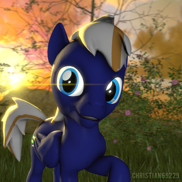 Size: 1024x1024 | Tagged: safe, artist:christian69229, derpibooru import, oc, oc:electric blue, unofficial characters only, pegasus, pony, 3d, bust, looking at you, portrait, smiling, solo, source filmmaker, sunset, tree, walking