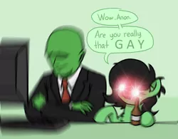 Size: 820x640 | Tagged: safe, artist:plunger, derpibooru import, edit, oc, oc:anon, oc:anonfilly, earth pony, pony, bitch please, computer, duo, female, filly, glowing eyes, glowing eyes meme, meme, shitposting, speech bubble, ur gay