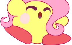 Size: 559x353 | Tagged: blushing, blush sticker, cute, derpibooru import, fluttershy, happy, hug, kirby, kirby (character), kirby fluttershy, kirby triple deluxe, safe, simple background, solo, transparent background