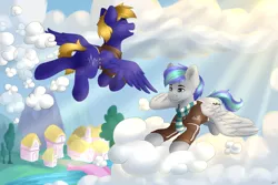 Size: 3000x2000 | Tagged: safe, artist:spirit-dude, derpibooru import, oc, oc:cloud quake, oc:storm feather, unofficial characters only, pegasus, pony, clothes, cloud, cloud busting, duo, flying, jacket, male, ponyville, scarf, stallion, weather team, working