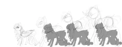 Size: 4704x1800 | Tagged: safe, artist:royalwolf1111, derpibooru import, king sombra, oc, oc:cosmic harmony, oc:melody shard, earth pony, pegasus, pony, unicorn, female, male, mare, simple background, size comparison, size difference, sketch, smol, stallion, white background, wings