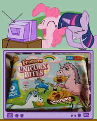 Size: 600x750 | Tagged: artist:drdraze, artist:speedingturtle, candy, derpibooru import, exploitable, exploitable meme, facehoof, food, irl, laughing, meme, mixed reactions, obligatory pony, photo, pinkie pie, safe, tv meme, twilight sparkle, wat