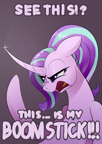 Size: 2480x3508 | Tagged: safe, artist:underpable, derpibooru import, starlight glimmer, pony, unicorn, army of darkness, ash williams, boomstick, curved horn, dialogue, evil dead, female, mare, reference, solo