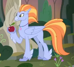 Size: 391x353 | Tagged: apple, background hippogriff, classical hippogriff, cropped, derpibooru import, feathered fetlocks, food, hippogriff, male, raised claw, safe, screencap, solo, surf and/or turf, unnamed character