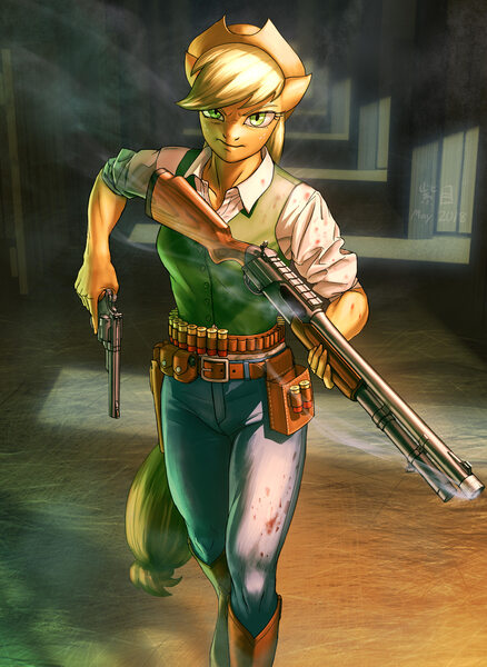 Size: 1900x2600 | Tagged: ammo belt, anthro, applejack, applejack's hat, artist:murskme, badass, blood, bullet, clothes, cowboy hat, derpibooru import, female, gun, handgun, hat, jeans, pants, pistol, revolver, safe, shotgun, solo, trigger discipline, unguligrade anthro, weapon