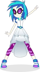 Size: 2939x5190 | Tagged: safe, artist:punzil504, derpibooru import, vinyl scratch, equestria girls, clothes, dress, female, leggings, metal horns, ponied up, shoes, simple background, smiling, sneakers, solo, sunglasses, transparent background, vector