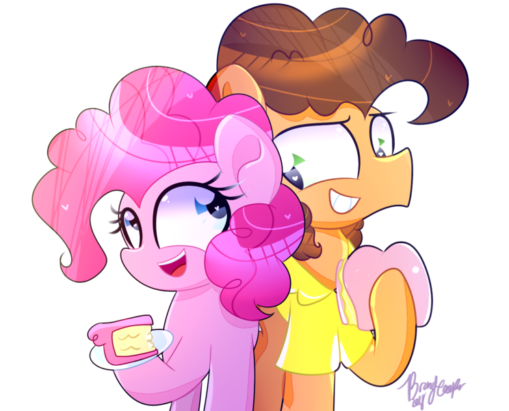 Size: 1339x1080 | Tagged: safe, artist:bubbly-storm, artist:lynchristina, derpibooru import, cheese sandwich, pinkie pie, earth pony, pony, cake, collaboration, duo, female, food, male, mare, simple background, stallion, transparent background