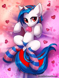 Size: 1500x2000 | Tagged: artist:ketty, clothes, derpibooru import, female, heart, oc, oc:aqua jewel, panties, socks, solo, solo female, striped socks, suggestive, underwear, unofficial characters only, ych result