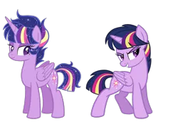 Size: 2304x1584 | Tagged: safe, artist:thecheeseburger, derpibooru import, twilight sparkle, twilight sparkle (alicorn), alicorn, pony, alternate design, alternate universe, duo, female, mare, simple background, smiling, starry mane, transparent background