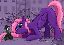 Size: 850x595 | Tagged: safe, artist:crazyperson, derpibooru import, oc, oc:fast times, oc:swan, unofficial characters only, alicorn, earth pony, pony, fallout equestria, fallout equestria: commonwealth, alicorn oc, curious, face down ass up, giant pony, macro
