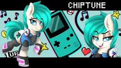 Size: 3840x2160 | Tagged: safe, artist:ciderpunk, derpibooru import, oc, oc:chiptune, unofficial characters only, earth pony, pony, bust, chiptune, clothes, dreamworks face, full body, game, gameboy color, gamer, headphones, heart, image, jacket, music notes, pixel art, png, shoes, sneakers, socks, stars, super mario bros., video game