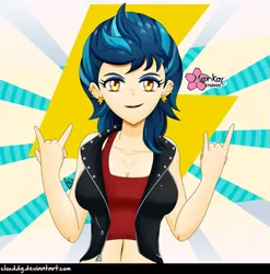 Size: 987x1000 | Tagged: safe, artist:clouddg, derpibooru import, indigo zap, equestria girls, belly button, breasts, cleavage, clothes, devil horn (gesture), ear piercing, female, human coloration, lipstick, looking at you, midriff, piercing, rock on, smiling, solo