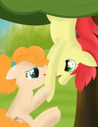 Size: 2550x3300 | Tagged: safe, artist:skyflys, derpibooru import, bright mac, pear butter, brightabetes, brightbutter, colored pupils, cute, daaaaaaaaaaaw, female, freckles, holding hooves, looking at each other, male, pearabetes, shipping, smiling, straight, teenager, tree, upside down