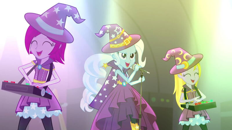 Size: 1920x1080 | Tagged: safe, derpibooru import, screencap, fuchsia blush, lavender lace, trixie, equestria girls, rainbow rocks, clothes, female, hat, microphone, singing, song, stage, tricks up my sleeve, trio, trio female, trixie and the illusions, trixie's hat