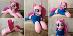 Size: 2000x1000 | Tagged: safe, artist:burgunzik, derpibooru import, pinkie pie, pony, clothes, hoodie, irl, photo, pinkamena diane pie, plushie, prone, socks, solo, striped socks