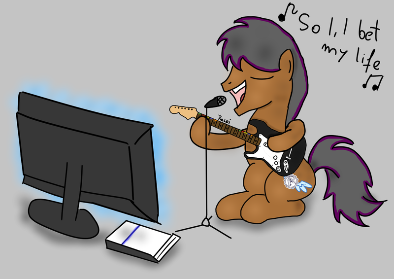 Size: 1684x1191 | Tagged: artist:kacpi, derpibooru import, dialogue, eyes closed, gray background, guitar, guitar hero, i bet my life, imagine dragons, male, microphone, oc, oc:double light, open mouth, playing, playstation, rhythm game, rock band, safe, simple background, singing, solo, song reference, television, unofficial characters only