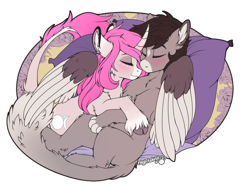 Size: 1773x1347 | Tagged: safe, artist:meggchan, artist:nightskrill, derpibooru import, oc, oc:tarot, oc:xor, unofficial characters only, classical unicorn, sphinx, unicorn, blushing, cloven hooves, collaboration, couple, cuddling, curved horn, cute, ear piercing, female, floppy ears, fluffy, hooves, interspecies, leonine tail, long tail, male, mare, oc x oc, paws, piercing, romantic, shipping, simple background, sleeping, smiling, snuggling, sphinx oc, straight, taror, transparent background, unshorn fetlocks, wing hold, wings