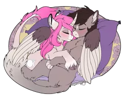 Size: 1773x1347 | Tagged: safe, artist:meggchan, artist:nightskrill, derpibooru import, oc, oc:tarot, oc:xor, unofficial characters only, classical unicorn, sphinx, unicorn, blushing, cloven hooves, collaboration, couple, cuddling, curved horn, cute, ear piercing, female, floppy ears, fluffy, hooves, interspecies, leonine tail, long tail, male, mare, oc x oc, paws, piercing, romantic, shipping, simple background, sleeping, smiling, snuggling, sphinx oc, straight, taror, transparent background, unshorn fetlocks, wing hold, wings