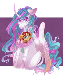 Size: 900x1095 | Tagged: safe, artist:castaspellliana, derpibooru import, princess celestia, sunset shimmer, alicorn, pony, unicorn, baby, baby pony, babyset shimmer, curved horn, cute, cutelestia, female, leonine tail, momlestia, mother and daughter, shimmerbetes, simple background, sitting, smiling, transparent background