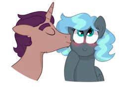 Size: 1024x740 | Tagged: safe, artist:ashidaii, derpibooru import, oc, oc:bolster spark, oc:floral rift, unofficial characters only, pegasus, pony, unicorn, blushing, bust, female, kissing, male, mare, portrait, simple background, stallion, transparent background