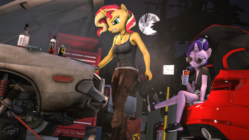 Size: 12288x6912 | Tagged: safe, artist:calveen, derpibooru import, starlight glimmer, sunset shimmer, anthro, plantigrade anthro, unicorn, 3d, absurd resolution, angry, audi, aviator glasses, boots, bottle, breasts, can, car, chinese text, chromatic aberration, clothes, crowbar, dodge (car), drink, duo, duo female, ear piercing, earring, female, fire extinguisher, glasses, jack daniels, jerry can, jewelry, lamp, mare, mcdonald's, midriff, moon, necklace, night, pants, piercing, shirt, shoes, signature, sitting, smiling, smoke, source filmmaker, sweat, t-shirt, tanktop, tattoo, thighs, toolbox, tree, wallpaper, wd-40, wrench