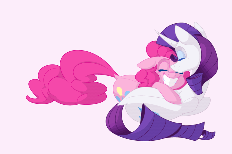 Size: 3000x2000 | Tagged: safe, artist:ogaraorcynder, derpibooru import, pinkie pie, rarity, earth pony, pony, unicorn, rarpin, curved horn, eyes closed, female, lesbian, mare, pink background, raripie, shipping, simple background, smiling