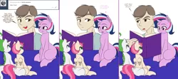 Size: 1808x800 | Tagged: safe, artist:dekomaru, derpibooru import, oc, oc:aurora, oc:confetti, oc:pearl, alicorn, dracony, human, hybrid, pony, unicorn, tumblr:ask twixie, alicorn oc, ask, book, comic, diaper, female, filly, interspecies offspring, magical lesbian spawn, offspring, parent:oc:dazzle, parent:pinkie pie, parent:rarity, parent:spike, parent:trixie, parent:twilight sparkle, parents:sparity, parents:twixie, tumblr