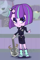 Size: 2000x3000 | Tagged: safe, artist:qyufreik, derpibooru import, starlight glimmer, human, equestria girls, clothes, edgelight glimmer, emo, female, fuck you, goth, guitar, horn ring, horned humanization, humanized, jacket, leather jacket, middle finger, solo, starlight's room, teenage glimmer, vulgar