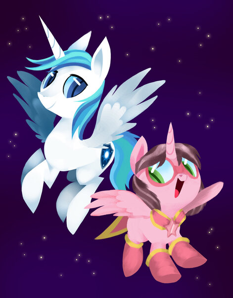 Size: 1280x1629 | Tagged: safe, artist:talonsofwater, derpibooru import, oc, oc:astro, oc:pink, alicorn, pegasus, pony, clothes, cutie mark, duo, female, filly, looking at you, male, mask, smiling, space, stallion, stars, wings