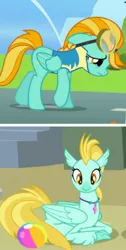 Size: 773x1531 | Tagged: safe, derpibooru import, screencap, lightning dust, unnamed character, classical hippogriff, hippogriff, pegasus, pony, surf and/or turf, background hippogriff, ball, beach ball, clothes, comparison, cropped, female, goggles, headcanon, mare, prone, uniform, wonderbolt trainee uniform