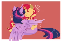 Size: 2412x1628 | Tagged: safe, artist:roscoethepotatoman, derpibooru import, sunset shimmer, twilight sparkle, twilight sparkle (alicorn), alicorn, unicorn, cute, eyes closed, female, floating heart, heart, lesbian, mare, nuzzling, orange background, shimmerbetes, shipping, simple background, spread wings, sunsetsparkle, twiabetes, wings