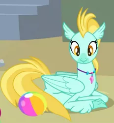 Size: 387x417 | Tagged: background hippogriff, ball, beach ball, classical hippogriff, cropped, derpibooru import, female, hippogriff, jewelry, necklace, prone, safe, sand, screencap, smiling, solo, surf and/or turf, unnamed character
