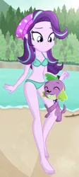 Size: 632x1409 | Tagged: source needed, safe, artist:charliexe, derpibooru import, spike, spike the regular dog, starlight glimmer, dog, equestria girls, barefoot, beach, beanie, belly button, bikini, breasts, clothes, collar, duo, eyes closed, feet, forest, hat, hug, leg hug, male, sand, shipping, sky, smiling, sparlight, stick, straight, swimsuit, tree