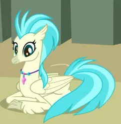 Size: 406x417 | Tagged: safe, derpibooru import, screencap, unnamed character, classical hippogriff, hippogriff, surf and/or turf, background hippogriff, cropped, female, jewelry, necklace, prone, solo