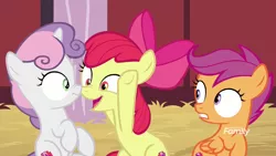 Size: 1920x1080 | Tagged: safe, derpibooru import, screencap, apple bloom, scootaloo, sweetie belle, earth pony, pegasus, pony, unicorn, the break up breakdown, boop, bowtie, cutie mark, cutie mark crusaders, discovery family logo, female, filly, hay, looking at each other, noseboop, the cmc's cutie marks
