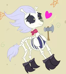 Size: 2816x3162 | Tagged: artist:paskanaakka, axe, bandana, bone, boots, cute, derpibooru import, dungeons and dragons, female, frown, heart, mare, ogres and oubliettes, safe, shoes, skeleton, skeleton pony, skellibetes, skellinore, solo, stars, the break up breakdown, weapon, wide eyes