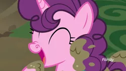 Size: 1920x1080 | Tagged: safe, derpibooru import, screencap, sugar belle, pony, unicorn, the break up breakdown, cute, discovery family logo, eyes closed, female, mare, mud, nose wrinkle, open mouth, solo, sugarbetes, weapons-grade cute