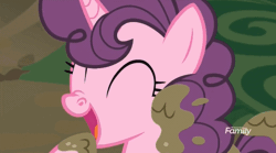 Size: 910x506 | Tagged: safe, derpibooru import, screencap, sugar belle, pony, unicorn, the break up breakdown, animated, close-up, cute, discovery family logo, eyes closed, female, laughing, mare, mud, nose wrinkle, open mouth, snorting, solo, sugarbetes, weapons-grade cute, wrinkle nose cutie face