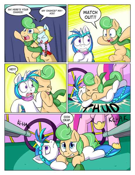 Size: 1280x1656 | Tagged: safe, artist:zanezandell, derpibooru import, princess cadance, oc, oc:harvest dawn, oc:truffle mint, oc:vanilla snow, earth pony, pony, unicorn, comic:cmcnext, :p, clothes, cmcnext, colt, comic, female, filly, gun, headband, magical lesbian spawn, male, musket, not amused face, offspring, parent:bon bon, parent:lyra heartstrings, parent:princess cadance, parent:shining armor, parents:lyrabon, parents:shiningcadance, pushing, raised hoof, scarf, shirt, shove, skirt, speech bubble, this will end in death, this will end in tears, this will end in tears and/or death, tongue out, weapon