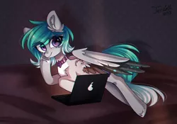 Size: 2000x1400 | Tagged: safe, artist:ten-dril, derpibooru import, oc, unofficial characters only, pegasus, pony, bed, computer, female, laptop computer, mare, on bed, prone, solo