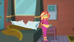 Size: 8222x4690 | Tagged: safe, artist:myfavoritepreggopics, artist:pacificside18, derpibooru import, edit, vector edit, sunset shimmer, equestria girls, absurd resolution, bed, belly, belly button, big belly, calendar, clothes, looking down, nightstand, pajamas, pregnant, shadow, slippers, solo, sunset's apartment, update, vector, window