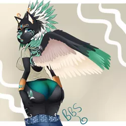 Size: 4000x4000 | Tagged: anthro, artist:berry-bliss-sundae, body markings, breasts, clothes, derpibooru import, feathered mane, female, jewelry, looking back, oc, oc:alpine apotheon, panties, pants, pants down, pegasus, suggestive, underwear, unofficial characters only