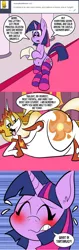 Size: 576x1822 | Tagged: artist:pembroke, belly button, blushing, clothes, comic, daybreaker, derpibooru import, fat, scalebreaker, socks, striped socks, suggestive, thighlight sparkle, thiklestia, thunder thighs, twilight sparkle