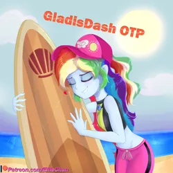 Size: 3000x3000 | Tagged: safe, artist:katakiuchi4u, derpibooru import, gladys, rainbow dash, blue crushed, equestria girls, equestria girls series, beach, cap, cargo ship, clothes, cloud, eyes closed, female, geode of super speed, gladysdash, hat, he doesn't deserve you, high heels, magical geodes, midriff, ocean, sand, shipping, shorts, smiling, solo, sun, surfboard, swimsuit, wat, water