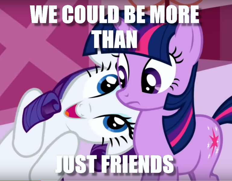 Size: 991x773 | Tagged: cropped, derpibooru import, edit, edited screencap, flirting, image macro, implied lesbian, implied rarilight, implied shipping, meme, nuzzling, rarity, safe, screencap, the ticket master, twilight sparkle