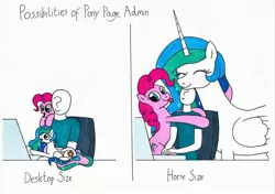 Size: 3493x2460 | Tagged: safe, artist:killerteddybear94, derpibooru import, pinkie pie, princess celestia, oc, oc:anon, human, pony, :p, computer, cute, cutelestia, daaaaaaaaaaaw, diapinkes, eyes closed, female, frown, hug, laptop computer, leaning, mare, missing accessory, open mouth, pointing, pony sized pony, pouting, princess celestia is a horse, prone, silly, simple background, size difference, smiling, tongue out, traditional art, white background