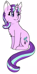 Size: 571x1132 | Tagged: safe, artist:eveniing12, derpibooru import, starlight glimmer, pony, unicorn, alternate design, alternate universe, cheek fluff, chest fluff, colored ears, colored pupils, female, long tail, looking at something, ms paint, simple background, sitting, smiling, solo, starry eyes, torn ear, white background, wingding eyes