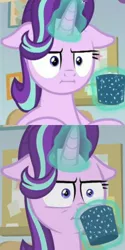 Size: 282x564 | Tagged: safe, derpibooru import, screencap, starlight glimmer, pony, unicorn, marks for effort, :i, chocolate, empathy cocoa, floppy ears, food, glowing horn, hot chocolate, i mean i see, magic, reaction image, telekinesis, unamused