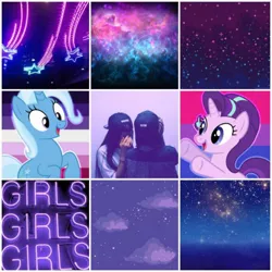 Size: 500x500 | Tagged: artist needed, safe, derpibooru import, starlight glimmer, trixie, bisexual, bisexual pride flag, female, lesbian, lesbian pride flag, moodboard, moon lesbian, moon lesbian pride flag, pride, pride flag, shipping, startrix, vaporwave