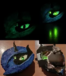 Size: 2356x2716 | Tagged: 3d print, artist:bastler, brooch, bust, changeling, changeling queen, collage, derpibooru import, electronics, female, glowing eyes, glow-in-the-dark, irl, led, light, painted, photo, portrait, queen chrysalis, safe, solo